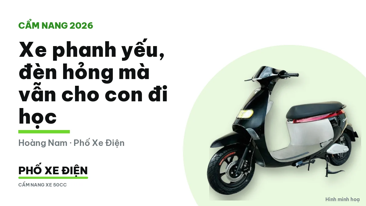 Xe điện dựng trước cổng trường với đèn trước và tay phanh nhìn rõ